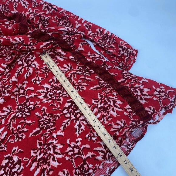 Knox Rose Size XL Red Floral Peasant Prairie Boho Maxi Dress V-Neck Belted - Picture 6 of 13